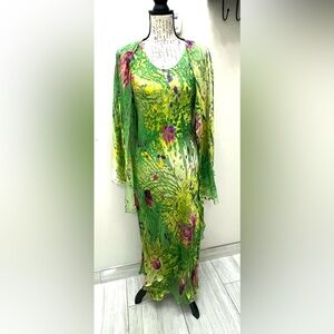 🌿SIMPLI SiLK🌿/Elegant Green and Yellow Floral Maxi Dress With Cover up!
